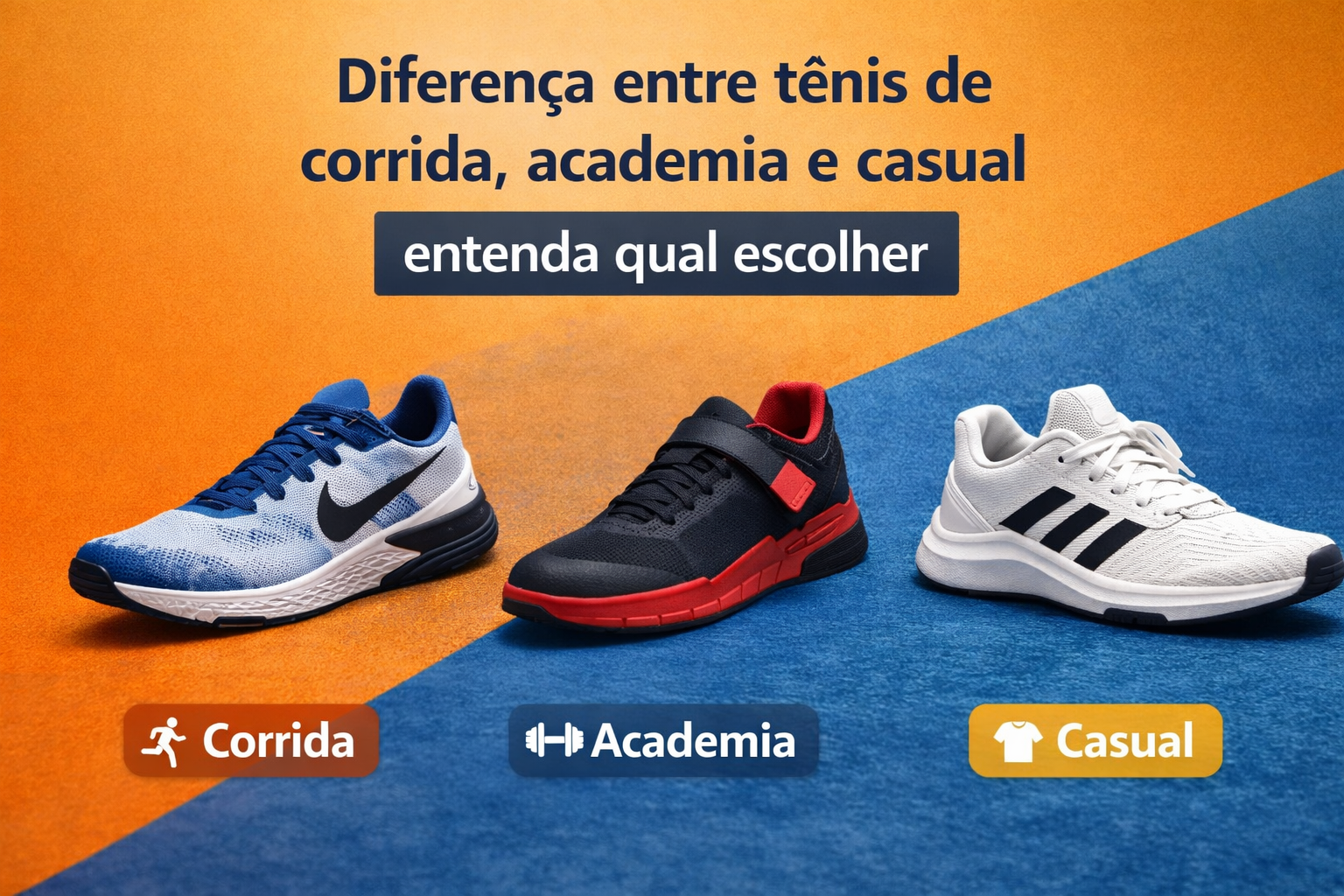 diferença entre tênis de corrida, academia e casual