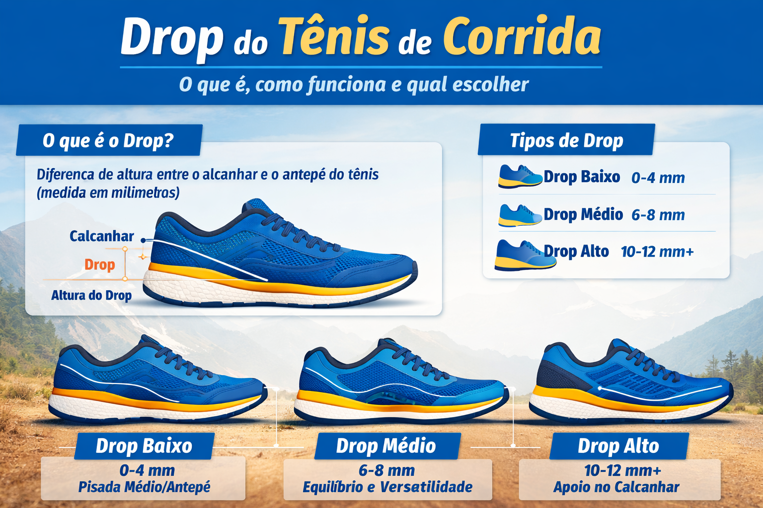 Ilustração explicativa mostrando o drop do tênis de corrida, com diferença de altura entre calcanhar e antepé e comparação entre drop baixo, médio e alto