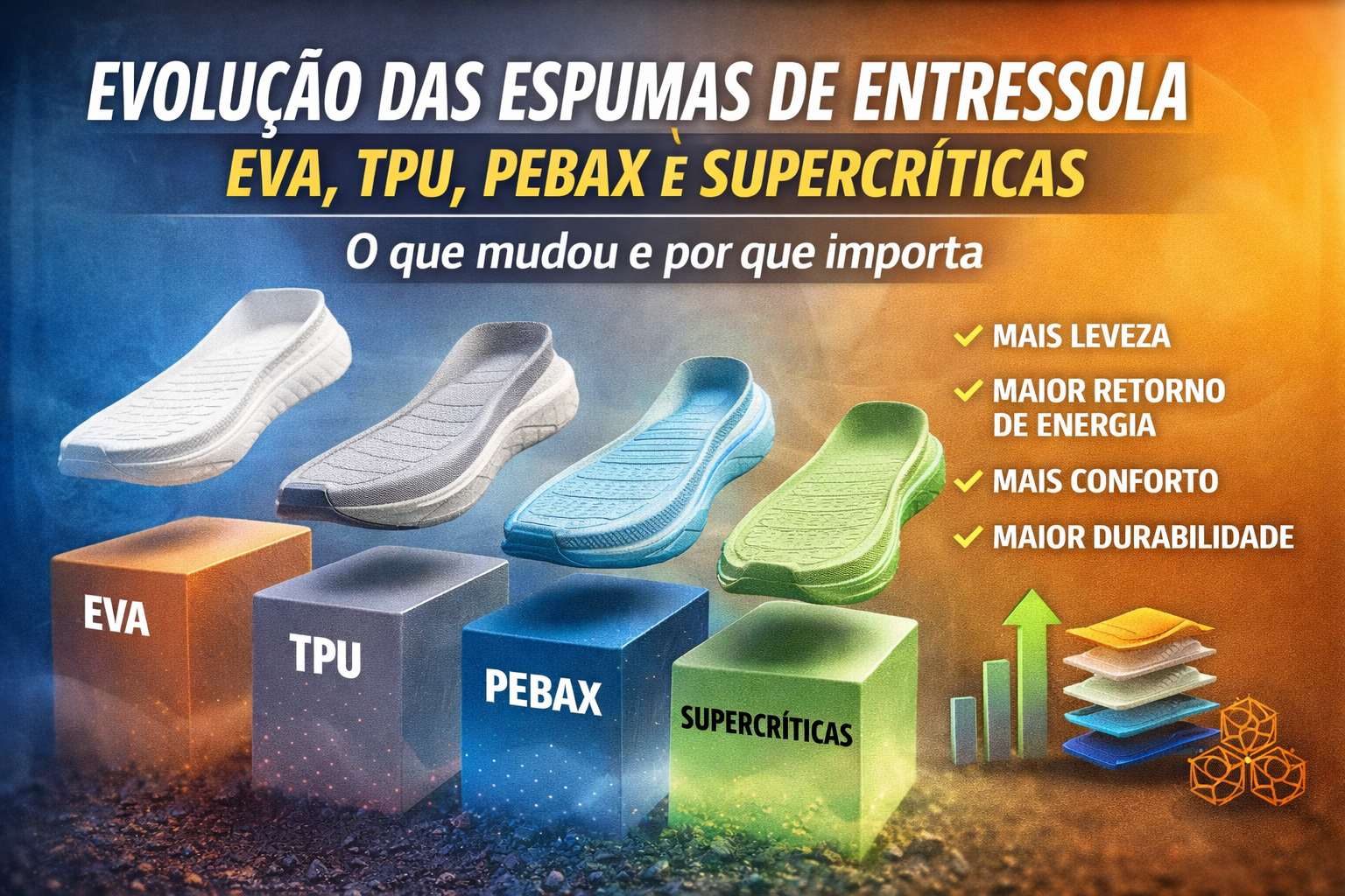 Infográfico mostrando a evolução das espumas de entressola em tênis de corrida, com EVA, TPU, Pebax e espumas supercríticas destacadas e seus principais benefícios.