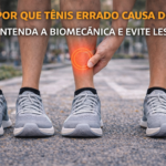 Duas pessoas usando tênis de corrida, com destaque para dor na perna causada por calçado inadequado.