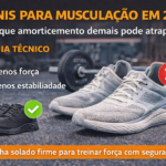 Imagem comparando tênis para academia em 2026, mostrando a diferença entre solado macio e solado firme para treinos de musculação.