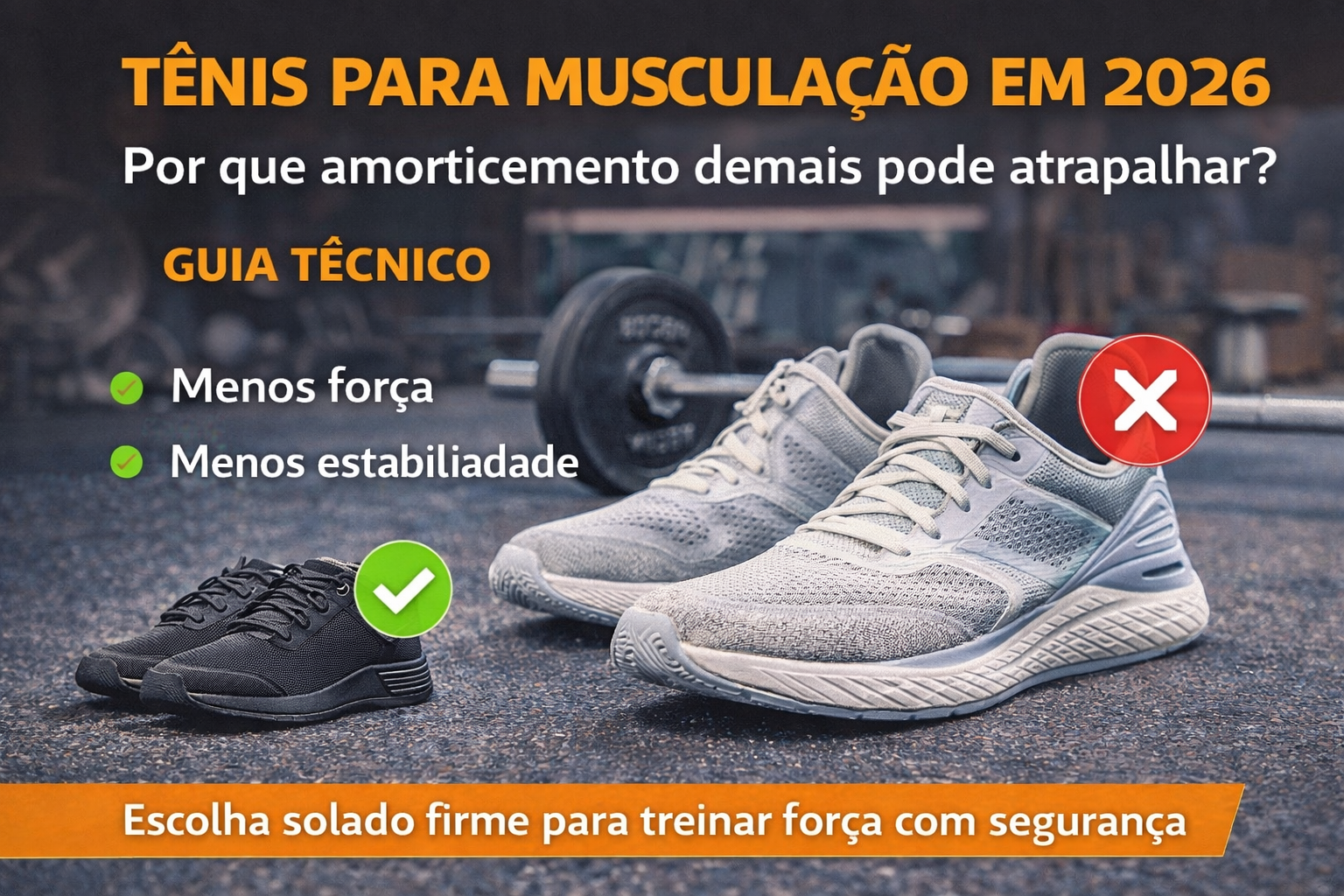 Imagem comparando tênis para academia em 2026, mostrando a diferença entre solado macio e solado firme para treinos de musculação.