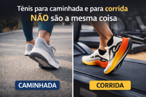 Comparação visual entre tênis para caminhada e tênis para corrida, destacando que não são iguais e possuem funções diferentes.