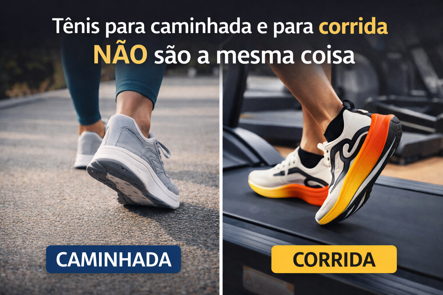 Comparação visual entre tênis para caminhada e tênis para corrida, destacando que não são iguais e possuem funções diferentes.