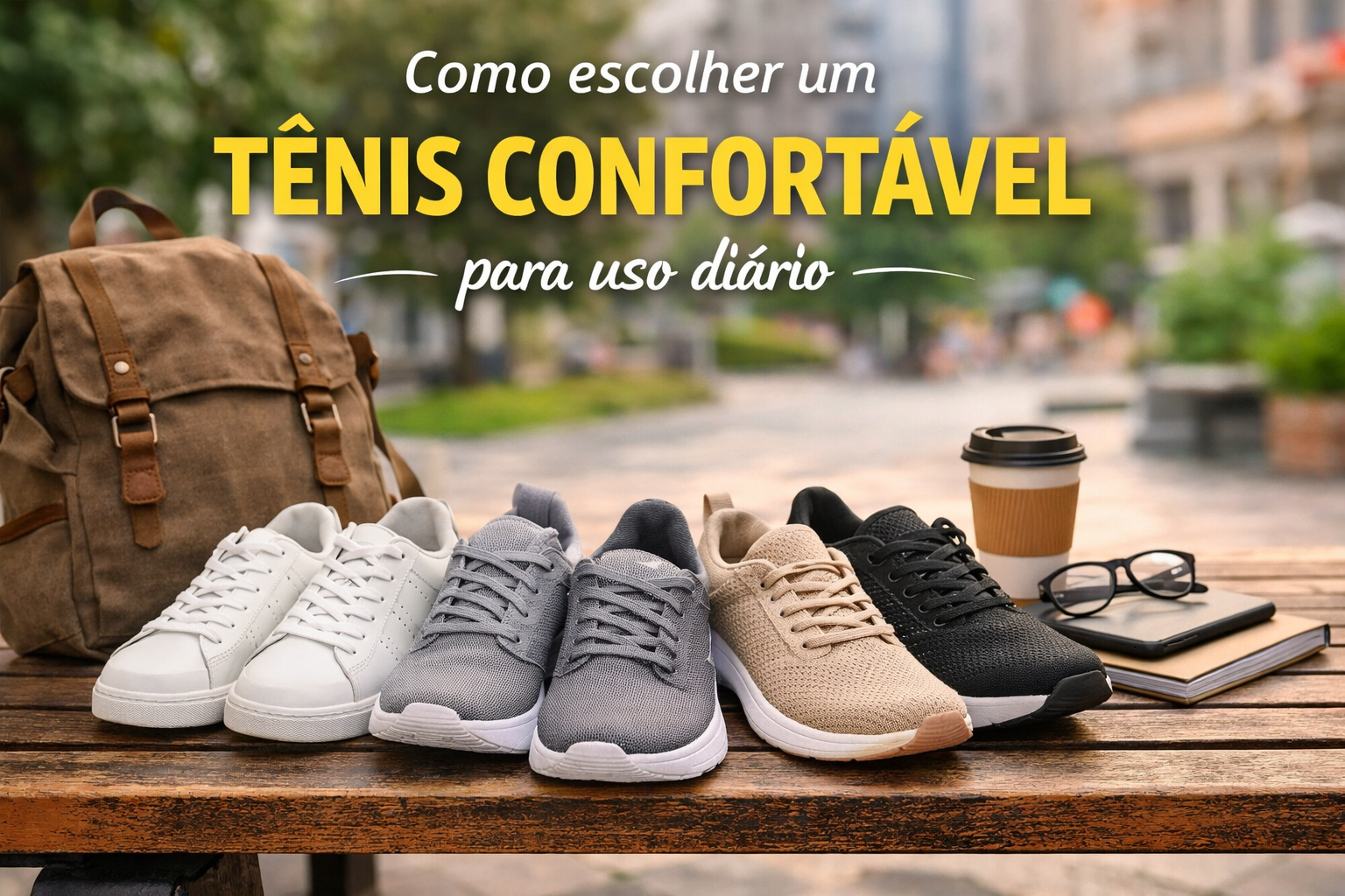 Tênis confortáveis para uso diário alinhados em ambiente urbano, representando opções ideais para quem passa muitas horas em pé