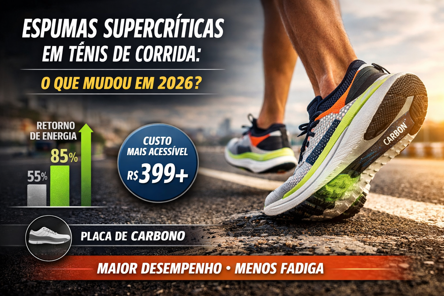 Tênis de corrida com espuma supercrítica e placa de carbono em pista, destacando desempenho e retorno de energia em 2026.