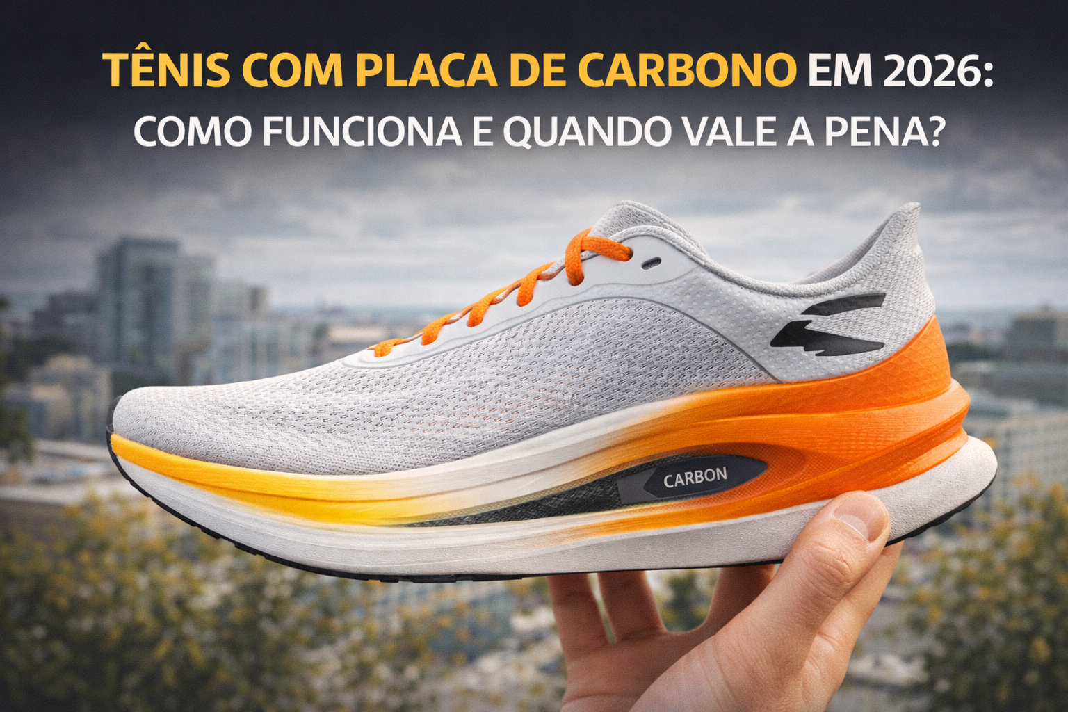 Imagem de um tênis de corrida moderno com placa de carbono, em branco e laranja, sendo segurado com as mãos, com o título “Tênis com placa de carbono em 2026: como funciona e quando vale a pena?” ao fundo.