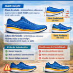 Infográfico explicando o stack height em tênis com solado alto, comparando modelos tradicionais e modernos e destacando estabilidade, conforto e possíveis riscos