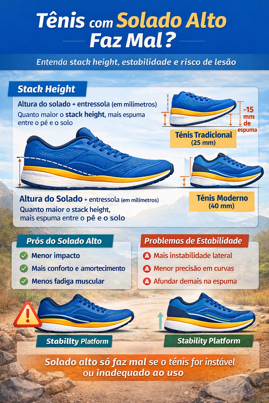 Infográfico explicando o stack height em tênis com solado alto, comparando modelos tradicionais e modernos e destacando estabilidade, conforto e possíveis riscos