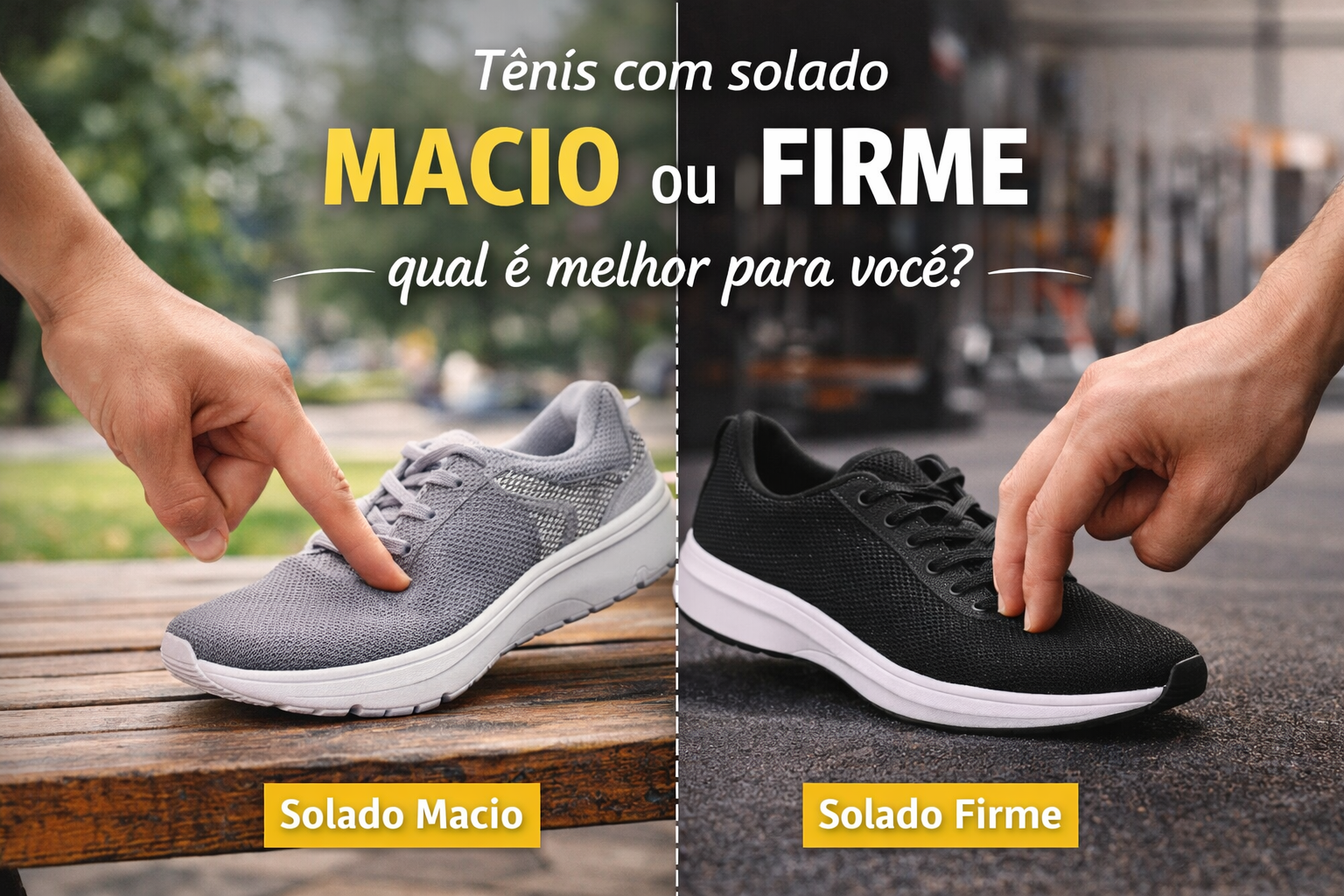 Comparação entre tênis com solado macio e solado firme, mostrando diferenças de conforto, estabilidade e uso ideal