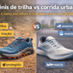 Comparação entre tênis de trilha e tênis de corrida urbana com diferenças destacadas, mostrando terreno, tração, amortecimento e uso indicado em 2026