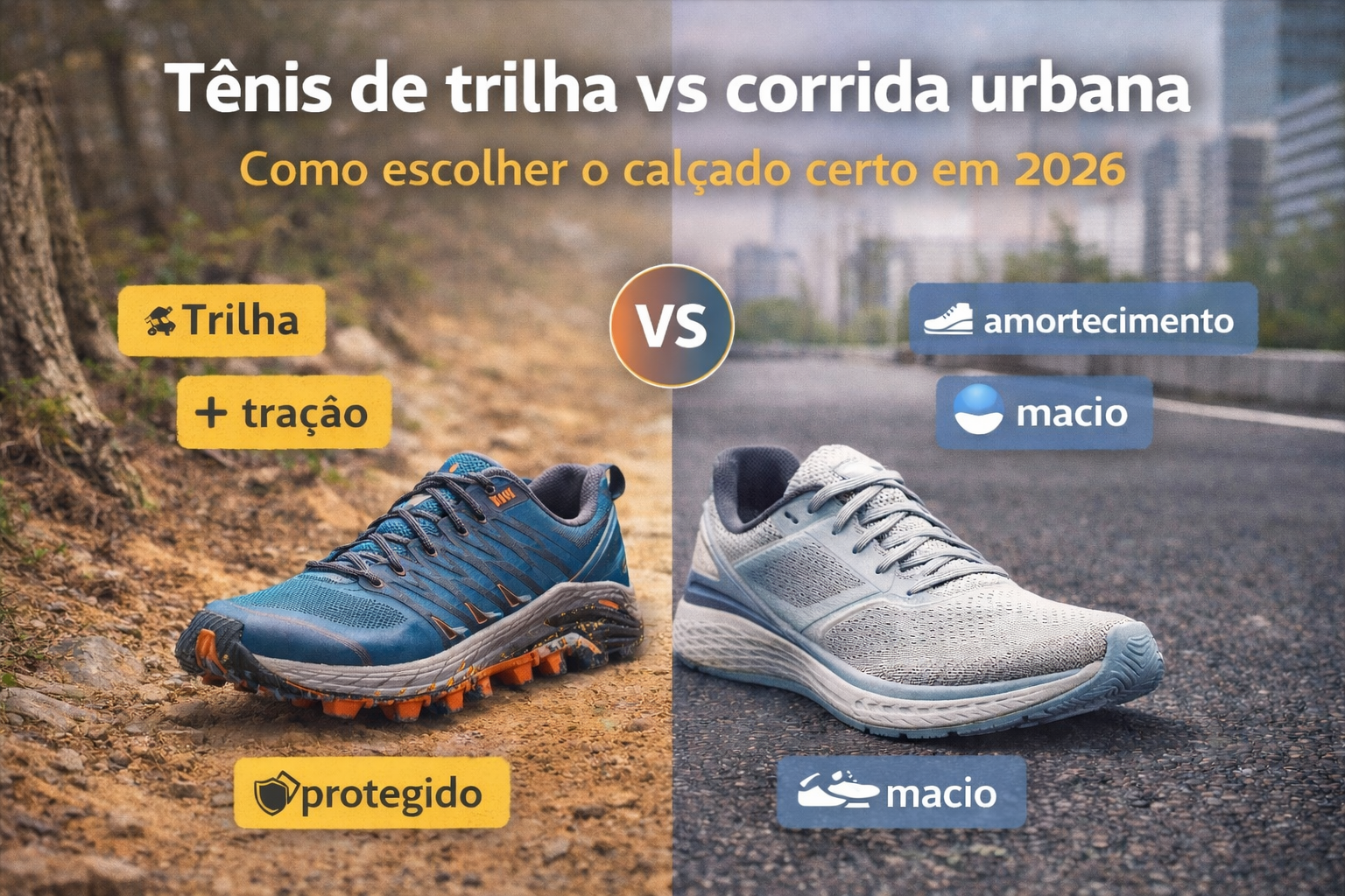 Comparação entre tênis de trilha e tênis de corrida urbana com diferenças destacadas, mostrando terreno, tração, amortecimento e uso indicado em 2026
