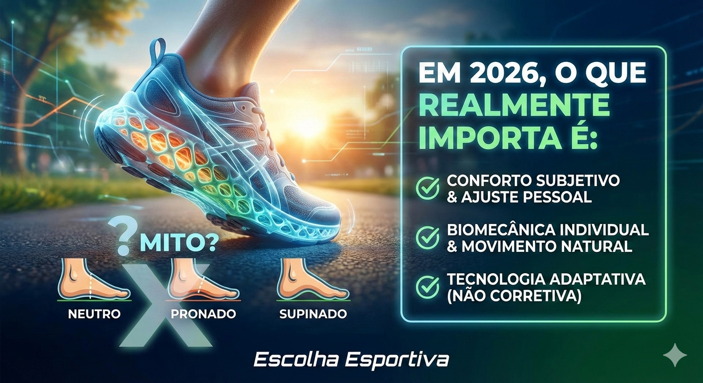 Infográfico mostrando os tipos de pisada neutra, pronada e supinada e explicando que conforto, estabilidade e uso correto importam mais que corrigir a pisada
