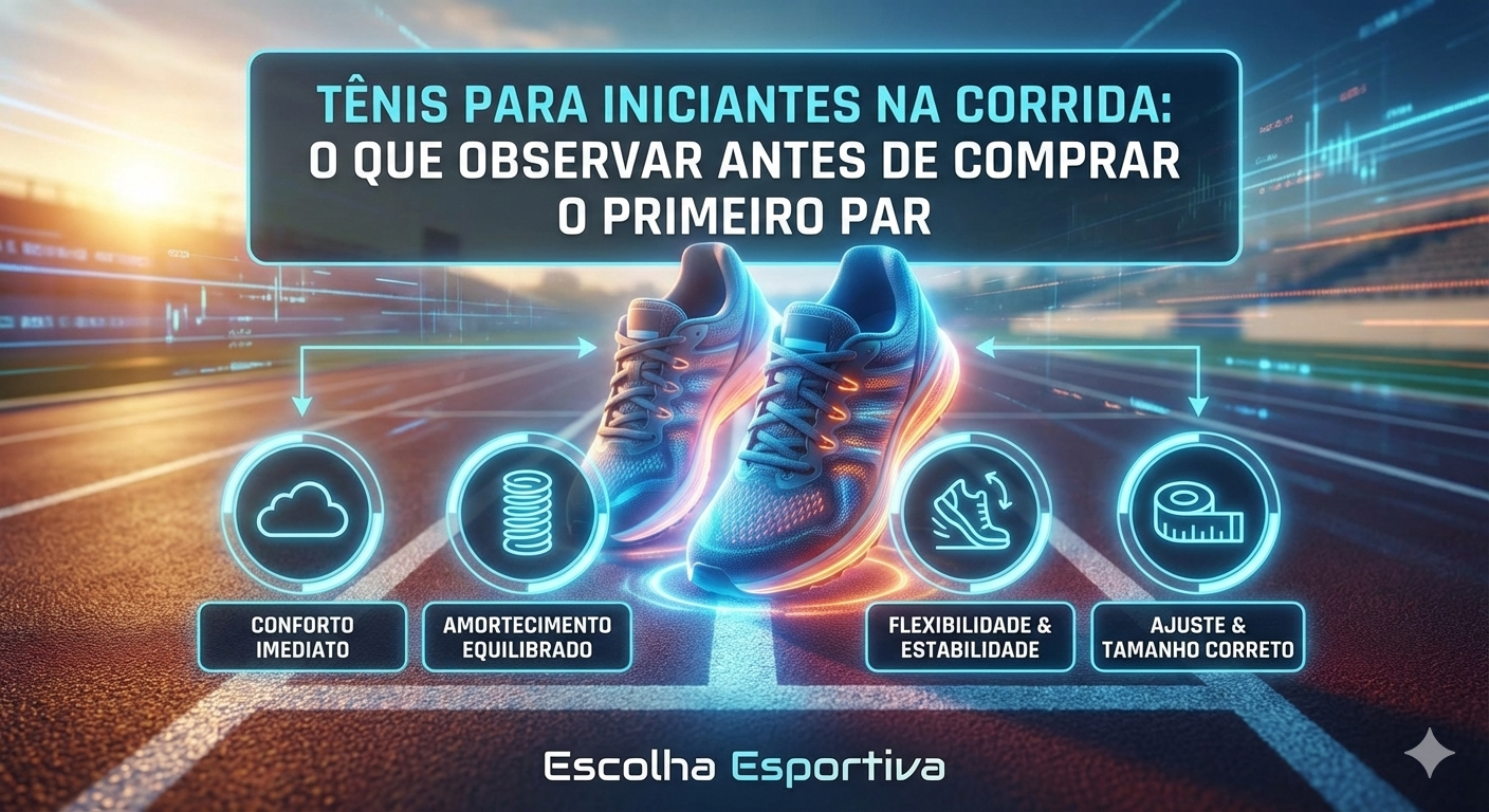 Imagem ilustrativa de tênis de corrida para iniciantes, destacando conforto, amortecimento equilibrado e estabilidade para quem está começando a correr