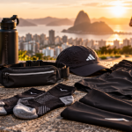 Acessórios para corrida, incluindo pochete, meias esportivas, boné, bermuda com bolso e manguitos.
