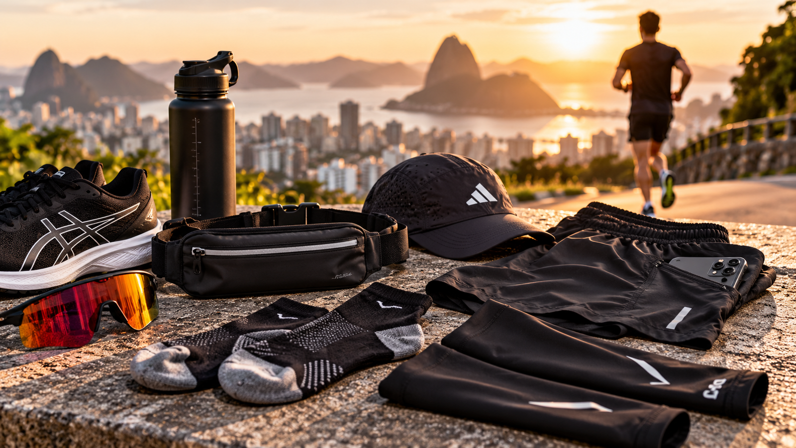 Acessórios para corrida, incluindo pochete, meias esportivas, boné, bermuda com bolso e manguitos.