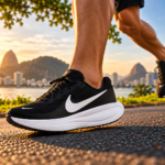 Tênis Nike Revolution 8 preto com entressola branca durante corrida ao ar livre em um parque.