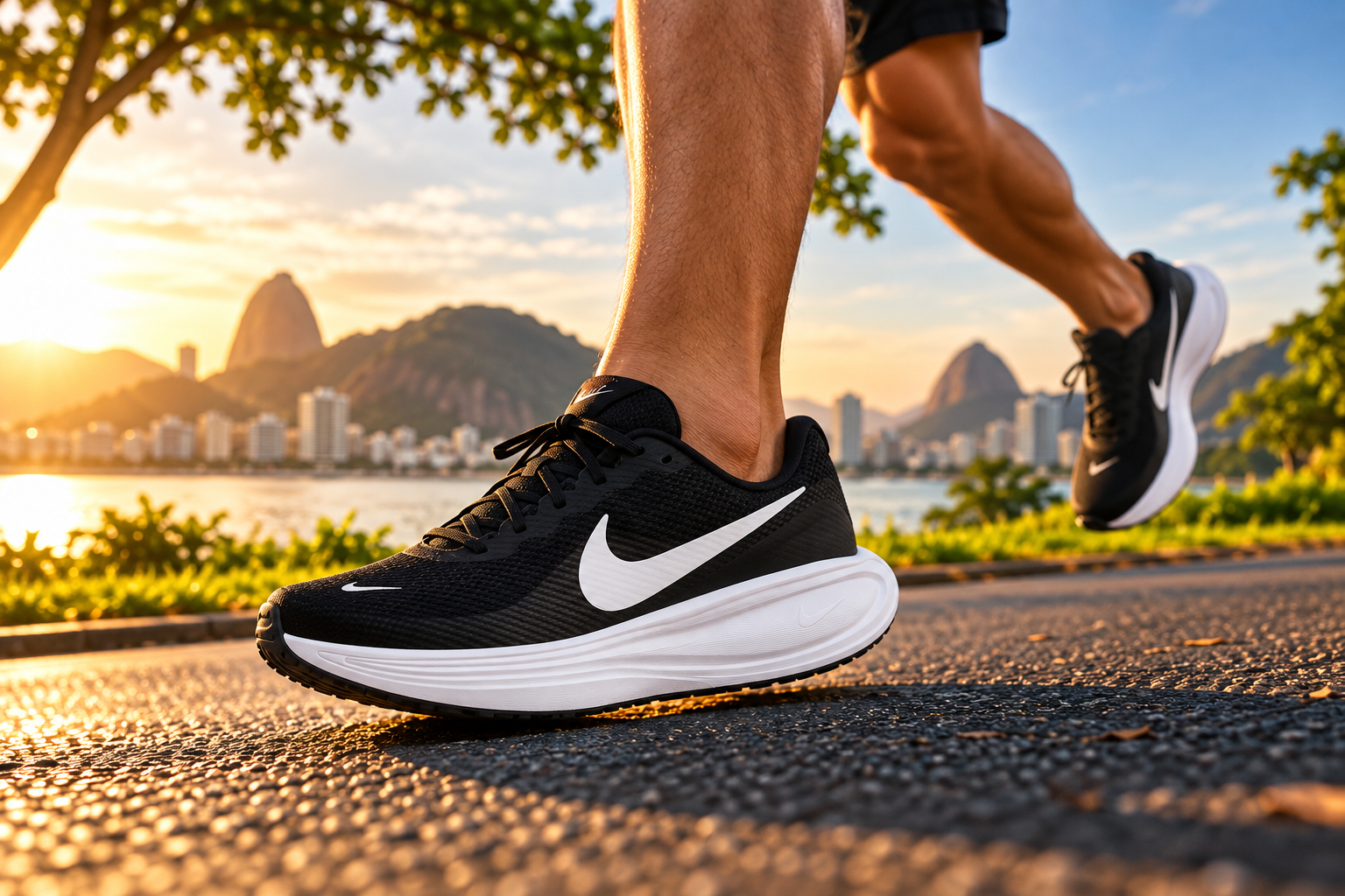 Tênis Nike Revolution 8 preto com entressola branca durante corrida ao ar livre em um parque.